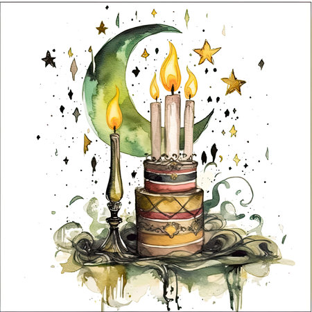 Illustration of Ramadan Kareem Greeting Card with Burning Candle. Watercolor cute illustration, clipart handmade wall art, scrapbooking, book artの素材