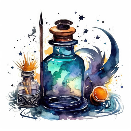Magic potion. Watercolor hand drawn illustration, isolated on white background. Watercolor cute illustration, clipart handmade wall art, scrapbooking, book artの素材