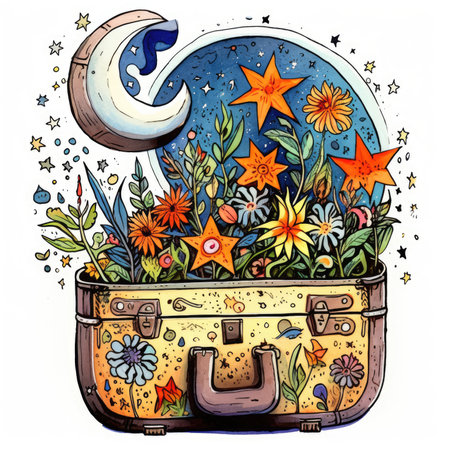 Suitcase with flowers, stars and moon. hand drawn illustration. Watercolor cute illustration, clipart handmade wall art, scrapbooking, book artの素材