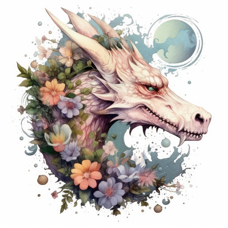 dragon head with flowers and moon, watercolor painting on white background. Watercolor cute illustration, clipart handmade wall art, scrapbooking, book artの素材