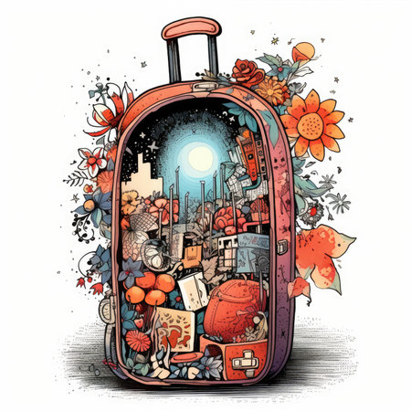 suitcase with travel stuff. vector illustration for your design. Watercolor cute illustration, clipart handmade wall art, scrapbooking, book artの素材