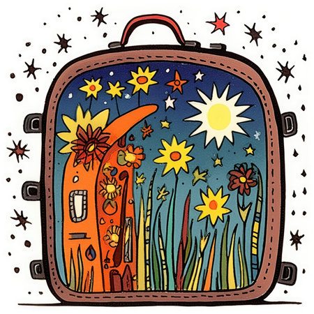 Vector hand drawn illustration of a travel suitcase with stars and flowers. Watercoloroc cute illustration, clipart handmade wall art, scrapbookingの素材