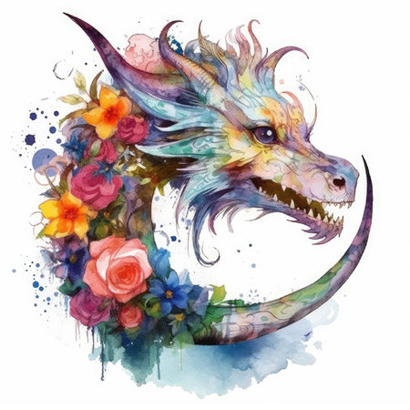 Dragon head with flowers. Watercolor illustration isolated on white background. Watercoloroc cute illustration, clipart handmade wall art, scrapbookingの素材