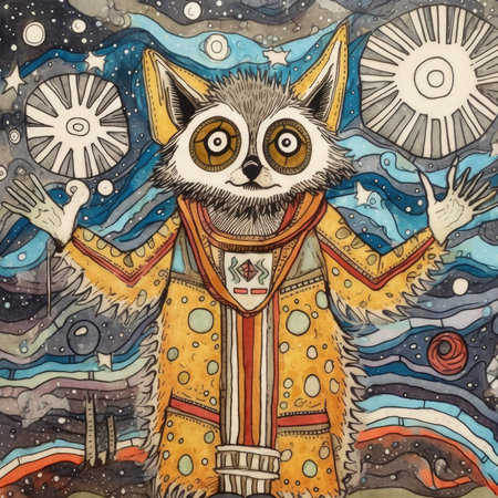 Hand drawn cute raccoon in indian costume on the background of the night skyの素材