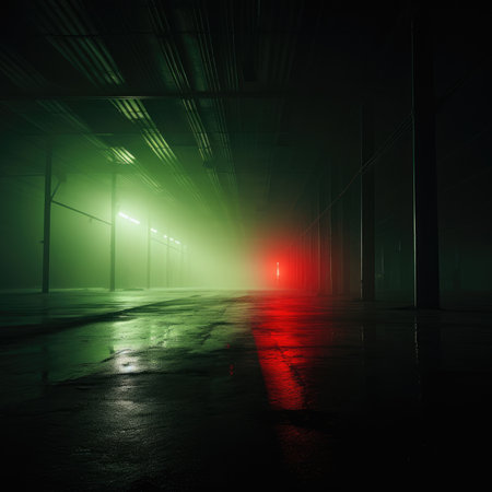 3d rendering of a corridor in a dark room with neon lightsの素材