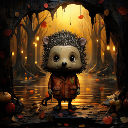 Hedgehog in the forest at Halloween. 3D illustration. Wymstical fantasy illustration for booksの素材
