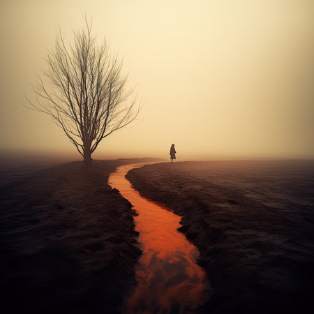 A man standing on a path leading to a lonely tree in the sea. Minimalist landscape photoの素材