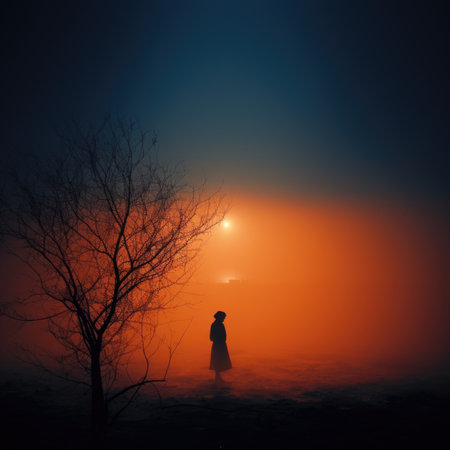 Silhouette of a girl standing in the fog at sunset. Minimalist landscape photoの素材
