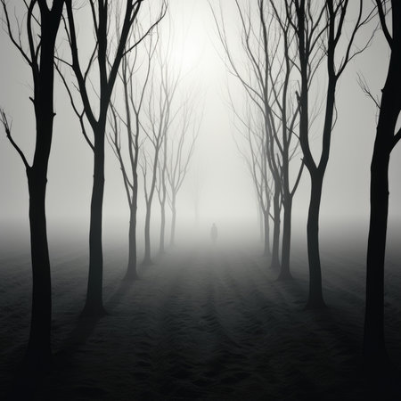 Conceptual image of a dark forest with fog and a human figureの素材