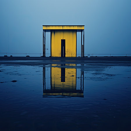 Reflection of a building in the water at low tide with copy spaceの素材