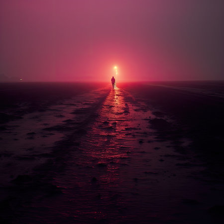 Silhouette of a man walking on the beach at sunset.の素材