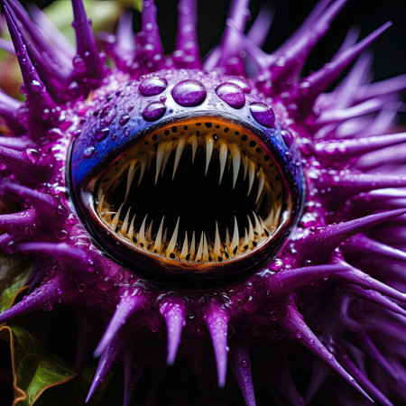 Close-up of a thistle head with sharp teeth and water dropsの素材