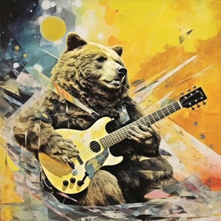 Guitar bear on abstract grunge background. digital painting. Surrealistic abstract illustration, scrapbooking collageの素材