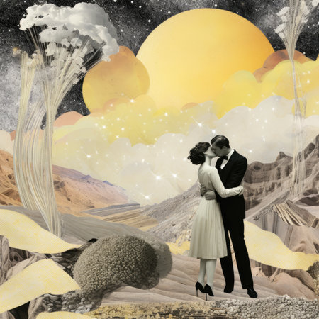 Couple in love kissing in the desert with moon and clouds illustration. Surrealistic abstract illustration, scrapbooking collageの素材