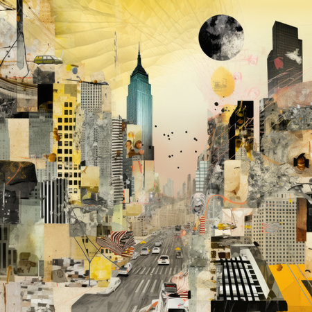 abstract cityscape with buildings, skyscrapers and cars on grunge background. Surrealistic abstract illustration, scrapbooking collageの素材