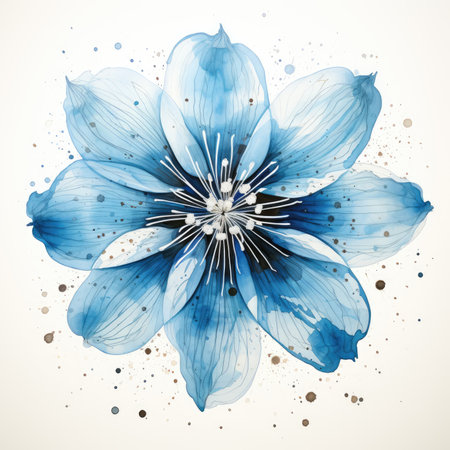 Blue flower with watercolor splashes on white background. vector illustration. Delicate Floral Pattern, Cyanotype, Gyotaku, Lovely Minimalistic Flowerの素材