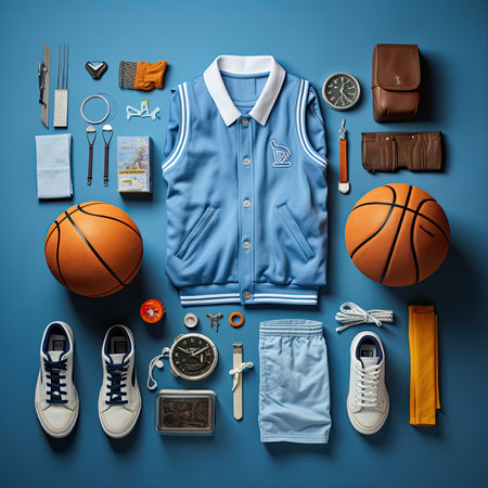 Sports clothing and accessories on a blue background. Top view, flat lay. Vintage Knolling Flat Laysの素材