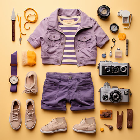 Flat lay of men's clothing and accessories on yellow background. Vintage Knolling Flat Laysの素材
