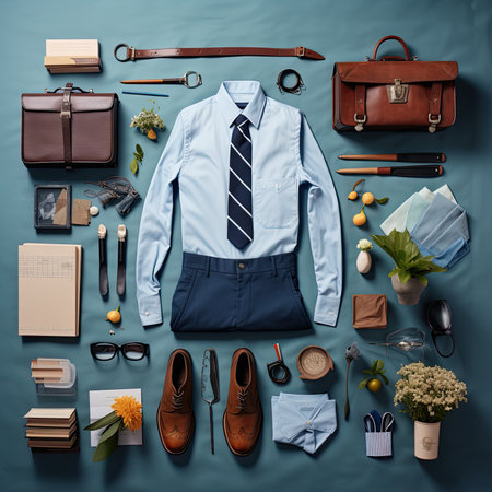 Men's clothing and accessories on a blue background. flat lay. Vintage Knolling Flat Laysの素材