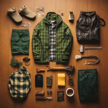 Men's clothing and accessories on a wooden background. top view. Vintage Knolling Flat Laysの素材
