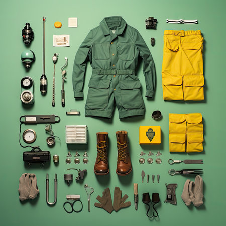 Set of clothes and accessories on green background. Flat lay, top view. Vintage Knolling Flat Laysの素材