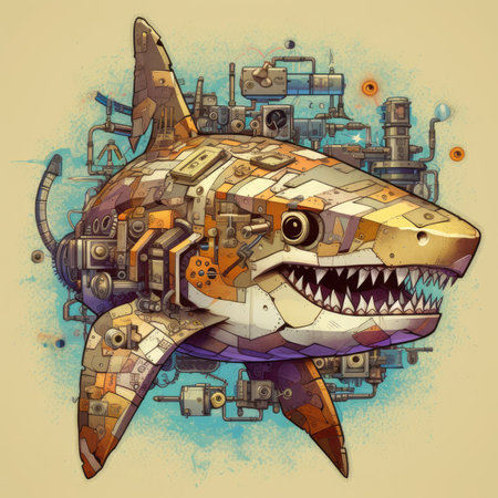 shark portrait face abstract illustration tattoo industrial poster art geometric vector steampunk printable wall artの素材