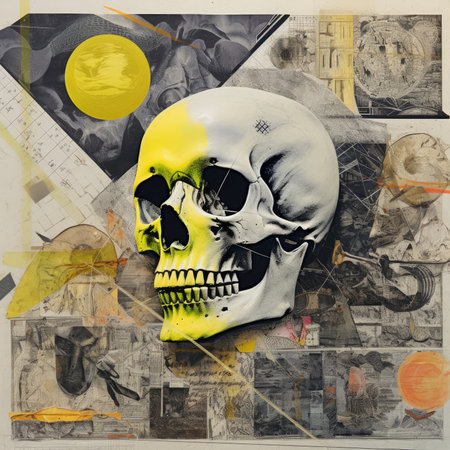 skull close Abstract collage scrapbook yellow retro vintage surrealistic illustration wall apt posterの素材