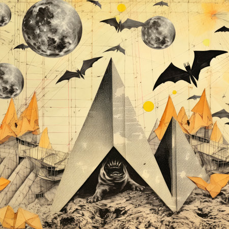 pyramid moon cat Abstract collage scrapbook yellow retro vintage surrealistic illustration wall apt posterの素材