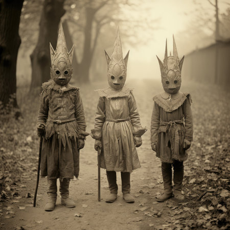 children kids halloween scary vintage photography masks 19th century horror costumes party celebrate play spooky maskの素材