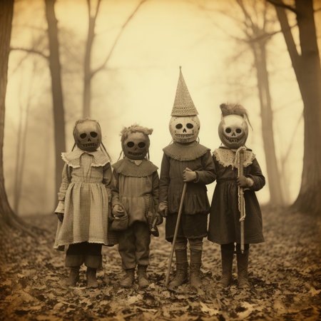 children kids halloween scary vintage photography masks 19th century horror costumes party celebrate play spooky maskの素材