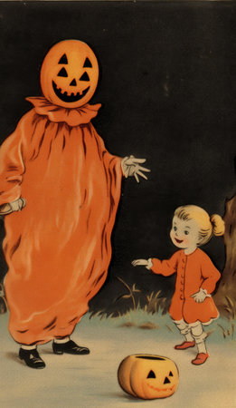 ghost spirit vintage retro children book postcard illustration 1950s scary halloween costume smile witch hat girl nightの素材