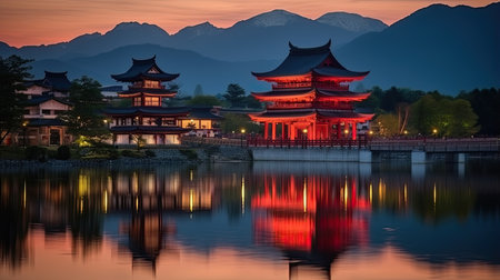 japan zen bridge landscape panorama view photography Sakura flowers pagoda peace silence tower wall art posterの素材