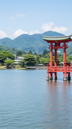 japan zen bridge landscape panorama view photography Sakura flowers pagoda peace silence tower wall art posterの素材