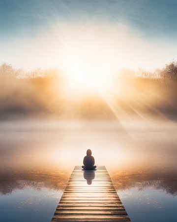 rising meditation pose silence reflection rest lake landscape silence water zen relaxation lonely posterの素材