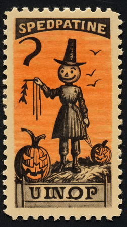 scarecrow cute Postage Stamp retro vintage 1930s Halloweens pumpkin paint illustration scan poster poster wallpaper printの素材