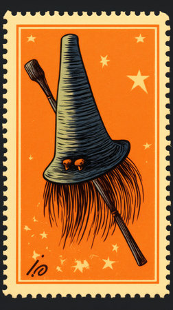 hat cap broom cute Postage Stamp retro vintage 1930s Halloweens pumpkin paint illustration scan poster poster wallpaper printの素材