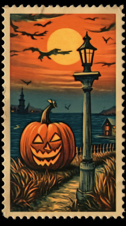 cute Postage Stamp retro vintage 1930s Halloweens pumpkin paint illustration scan poster poster wallpaper printの素材
