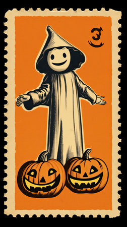 cute Postage Stamp retro vintage 1930s Halloweens pumpkin paint illustration scan poster poster wallpaper printの素材