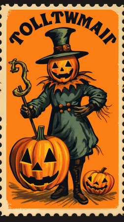 scarecrow cute Postage Stamp retro vintage 1930s Halloweens pumpkin paint illustration scan poster poster wallpaper printの素材