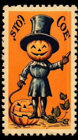 scarecrow cute Postage Stamp retro vintage 1930s Halloweens pumpkin paint illustration scan poster poster wallpaper printの素材