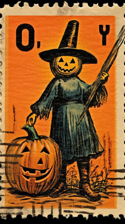 scarecrow cute Postage Stamp retro vintage 1930s Halloweens pumpkin paint illustration scan poster poster wallpaper printの素材