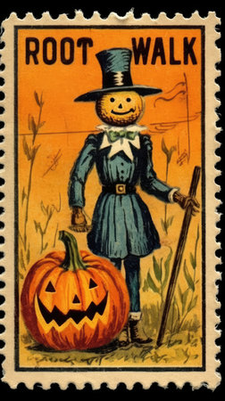 scarecrow cute Postage Stamp retro vintage 1930s Halloweens pumpkin paint illustration scan poster poster wallpaper printの素材