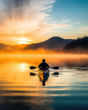 meditation boating kayak water silence freedom landscape peaceful morning rowing isolated photo poster art tattooの素材
