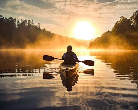 meditation boating kayak water silence freedom landscape peaceful morning rowing isolated photo poster art tattooの素材