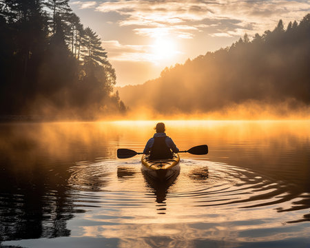 meditation boating kayak water silence freedom landscape peaceful morning rowing isolated photo poster art tattooの素材