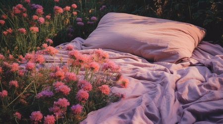 bed in the field relaxation pillow coverlet flowers place dream soft cover photo bedroom air wall art poster coverの素材