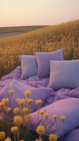 bed in the field relaxation pillow coverlet flowers place dream soft cover photo bedroom air wall art poster coverの素材