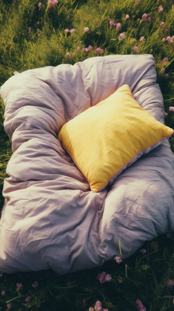 bed in the field relaxation pillow coverlet flowers place dream soft cover photo bedroom air wall art poster coverの素材
