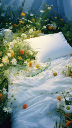 bed in the field relaxation pillow coverlet flowers place dream soft cover photo bedroom air wall art poster coverの素材