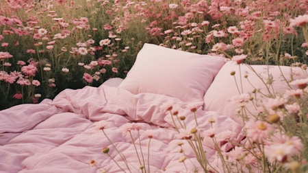 bed in the field relaxation pillow coverlet flowers place dream soft cover photo bedroom air wall art poster coverの素材